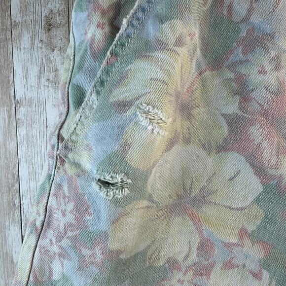 Aerie Denim Shorts Women M Pastel Blue Tropical Floral Elastic Waist Drawstring - Picture 5 of 7